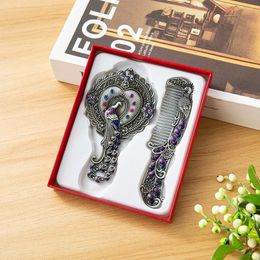 Metal Makeup Mirror with Comb Gift Box Packing Russia Vintage Peacock Carving Womens Rhinestone Set Portable 240325