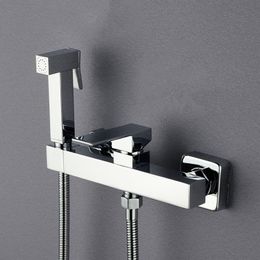 Modern Wall Mounted Bidet Sprayer Set with Chrome Plated Brass Square Tap and Cold/Hot Water Mixer for Bathroom Toilet