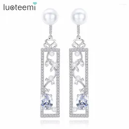 Dangle Earrings LUOTEEMI Brand Elegant Delicate Geometic Flower Shape Clear Imitation Pearl CZ Drop Gift For Girl Friend Wife Mom