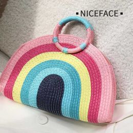 Rainbow Handheld One Shoulder Crossbody Grass Woven Bag Tote Bag 2021 New Fashionable and Personalized Beach Korean Edition Vegetable Basket Bag 240409