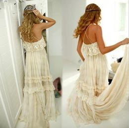 Vintage Hippie Style Boho Beach Wedding Dresses Sexy Spaghetti Straps Tiered Lace Chiffon A Line Gybsy Bridal Gowns9469551