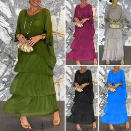Casual Dresses Breathable Summer Dress Elegant Maxi With Bat Sleeves Layered Hem For Women Soft Pleated Fabric Party