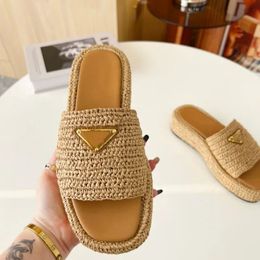 Designer Slippers Triangle Buckle Raffia Women Thick bottom Sandals Slip Mules Slides lady Platform Wedges Square Toe Flip Flops Pool Slides 35-42