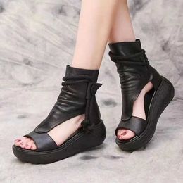 Sandals Women Summer Roman Boots 2023 Mid Heels Wedges Shoes Ladies Vintage PU Leather Sandalias Mujer Sapato Feminino H240409 HY57