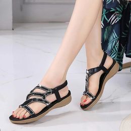 Sandals Women Bling Wedges Slip On Casual Rhinestone Strap Open Toe Slide Beach Shoes Gladiator