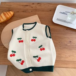 Kids Girls Knitted Vest 2023 Autumn New Baby Girls Cute Cherry Knit Contrast Cardigan Sweater Children Vest Outwear