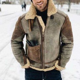 Mens Jackets Thick Cracking Leather Shearling Coat Winter Natural Sheepskin Fur Warm Faux Contrast Colours Male Jacket