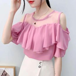 Dress Fashion ONeck Gauze Spliced Ruffles Short Sleeve Chiffon Blouse Loose Commute Women Clothing Plus Size Solid Color Sweet Shirt