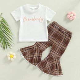 Clothing Sets Baby Girls Pants Set Short Sleeve Crew Neck T-shirt With Plaid Flare Born Summer Outfit