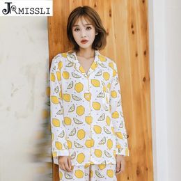 Home Clothing JRMISSLI Sleepwear Cotton Pyjamas Women Lemon Print Female Suit Tops Pants Pyjamas Casual Wear Sleep