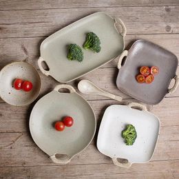 Plates Japanese Rope Handle Ceramic Dinner Plate Irregular Oval Fruit Dessert Tableware Cooking Dishes El Kitchen Utensils