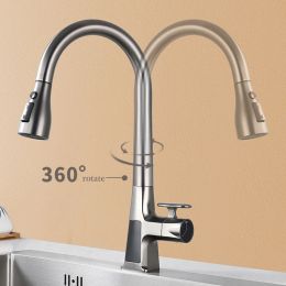 Stretchable Cold and Hot Dual Control Kitchen Sink Faucet Three Flowing Water Modes Rotating With Digital Display Sensing Faucet