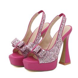 Dress Shoes Liyke Runway Style Glitter Sequined Bowknot Women Pumps Sexy Peep Toe Back Strap Gold Sandals Platform Heels Wedding Prom H240409 4W1S