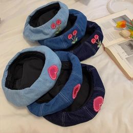Berets Ins Denim Beret Girl Spring And Autumn Cute Korean Painter Hat Show Face Small Summer Love Fashion Bud Fresh