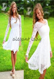 Short Country cowgirl Wedding Dresses With Long Sleeves Crystal Neckline Knee Length Lace Wedding Gowns Short Beach Bridal Wedding9842518