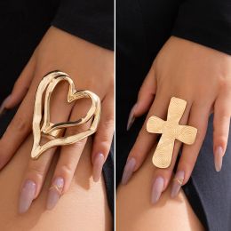 DIEZI Exaggerated Sweet Cool Big Heart Cross Rings For Women Unisex Geometric Gold Silver Colour Knuckle Joint Ring 2023 New