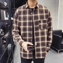 Men's Casual Shirts Men Plaid Shirt Flannel Long Sleeve Stripe Street Pocket Japan Cotton Loose Slim Fit Male Soft Tuxedo Formal