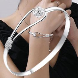 Bangle Silver Colour Flower Bracelets For Women Fine Elegant Adjustable Jewellery Fashion Party Gifts Girl Student