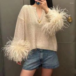 Women's Sweaters Elegant Pure Colour Sequined V Collar Sweater Trendy Long Ostrich Feather Sleeve Exquisite Pullover Spring Summer 24