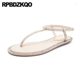 Sandals T Strap Shoes Crystal Suede Jewel Genuine Leather Women Flat Summer 2024 Slingback Diamond Designer Female Rhinestone