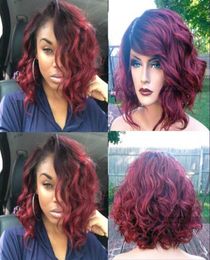 Ombre 99J Kurzer Bob Wellenwelle Welle menschliche Spitze vorne Perücken glänzend natürliches Blackdark Wein Jungfrau Haar Frauen Perücken geschnitten Curly5550862