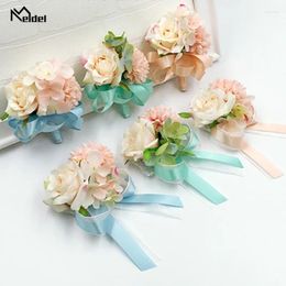 Decorative Flowers Meldel Ribbon Silk Flower Groomsman Boutonniere Corsage Wedding Wrist Bracelet Bridal Bracelets For Women