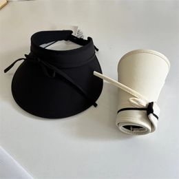 Wide Brim Sun Hat Casual Bow Tie UV Protection Bucket Foldable Breathable Beach Cap Summer240409