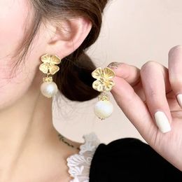 Stud Earrings Vintage French Style Matte Flower For Women With Pearl Drop - Elegant And Charming