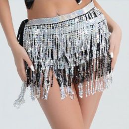 Stage Wear Bohemian Belly Dance Skirt Sequin Tassel With Lace-up Detail Layered Chain Belt Latin For Women