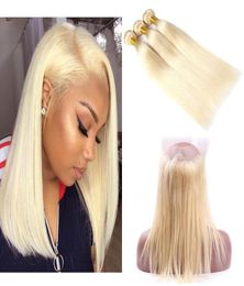 613 Blonde 22542 Inches Lace Frontal with Bundles Straight Blonde Brazilian Virgin Human Hair Weaves Transparent 360 Swiss Lac5046696