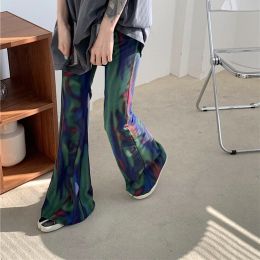 Batteries Elastic High Waist Long Flare Pant Bell Bottom Korean Summer Tie Dye Dark Contrast Print Sexy Slim Haruku Streetwear Trousers