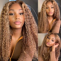 Highlight Ombre Deep Curly Lace Front Wig Human Hair 13x4 Transparent Lace Frontal Wig Water Wave Wig Pre Plucked Hairline