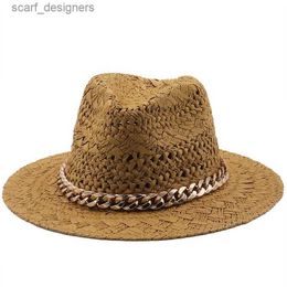 Wide Brim Hats Bucket Hats Summer hats wide brim khaki jazz caps women men casual classic band belt chain spring straw outdoor beach panama sun hats Y240409