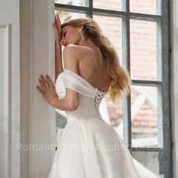 Asymmetrical Off The Shoulder White Wedding Dresses Satin A Line Tea Length Boat Neck Bridal Gowns For Women Vestidos De Novia