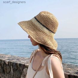 Wide Brim Hats Bucket Hats Beach hat womens summer panama straw bags summer 2020straw or wicker cap Bucket hat sun hats stripe sun visor Y240409