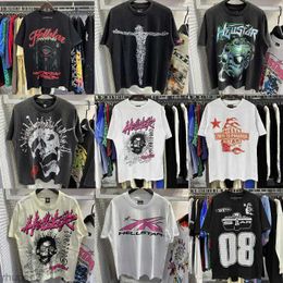 Hellstar Shirt Designer Mens Tshirt Rapper Washed Grey Heavy Craft Unisex Short Sleeve Top High Street Fashion Retro Hell Womans t American Hip Hop UH5T