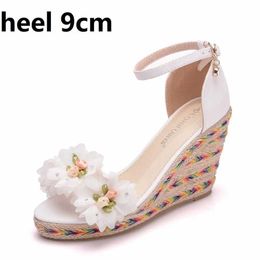 Sandals Crystal Queen Women Summer Wedges Female Floral Platform Bohemia High Heel Ankle Strap Open Toe Ladies Shoes H240409 W9HF