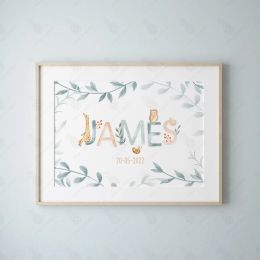 Personalised Baby's Name Posters and Prints Customised Animal Birthday Nursery Wall Art Canvas Painting for Kids Bedroom Decor