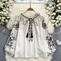 Women's Blouses Chic Sweet Embroidery Tassels Lace Up Long Sleeve Loose Blouse Elegant French Fashion Sexy Shirt Spring Autumn Women Crop