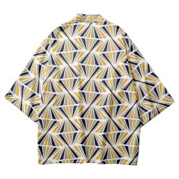 Japanese Streetwear Women Cardigan Kimono Yukata Men Cosplay Asian Clothing Geometry Print Traditional Haori Plus Size 5XL 6XL