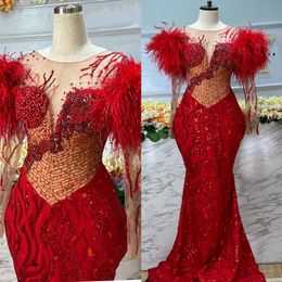 2024 Plus Size Aso Ebi Prom Dresses للمناسبات الخاصة الوهم بالريش الأكمام طويلة الأكمام من الدانتيل الدانتيل ، استقبال الذكرى الذكرى السنوية AM692