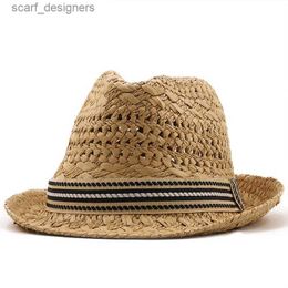 Wide Brim Hats Bucket Hats New Summer Parent-child Casual Sun hats for Women Fashion Jazz Hat Man Beach Trilby Straw Panama Hat Hollow Belt Sun Visor Caps Y240409