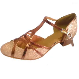 Dance Shoes Women's Customised Heel Modern Closed Toe Salsa Latin Ballroom Party Shoe T-BAR Strap Indoor Bronze Colour Dancing