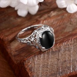 Szjinao Vintage Oval 8*12mm Black Onyx Ring For Women Silver 925 With Stone Large Cocktail Rings Delicate Gift For Wife Lovers'