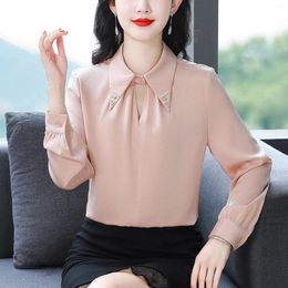 Women's Blouses Shirt 2024 Temperament Solid Colour Commuter Elegant Tops Fashion Lapel Long Sleeve Bottom Chiffon Blouse