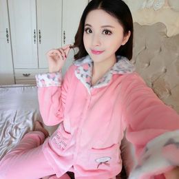 Home Clothing Winter Long Sleeve Lapel Women Pyjamas Set Cartoon Leopard Coral Fleece Thick Warm Pyjama Female Flannel Sleepwear Suit