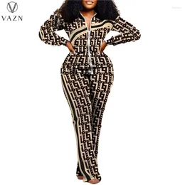 Women's Two Piece Pants VAZN 2024 Luxury Designer Casual Retro Print Office Lady Full Sleeve Cloth Long Boot Cut Slim Women 2 Set