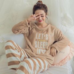 Home Clothing Flannel Thick Fleece Warm Women's Pajamas Set O Neck Cartoon Pullover And Long Trousers Women 2024 Winter Autumn Nightie Woman