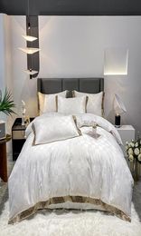 White Jacquard Silk Cotton Bedding Set Luxury 4pcs Satin Bed Sets Solid Colour Embroidery Duvet Cover King Queen Size Bedclothes Be3298386