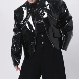 Mens Jacket Shiny Leather Jacket Handsome Performance Stage Outfit Autumn Elegant British Excellent Patent Leather Jacket